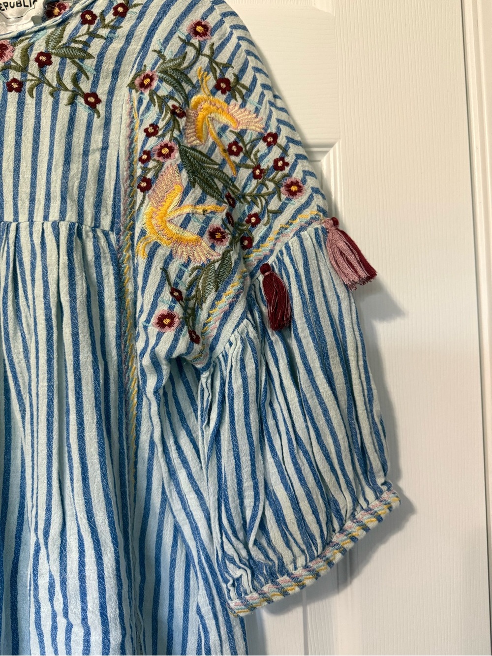 For the Republic Boho Striped Embroidered Peasant Top- L - Picture 4 of 6